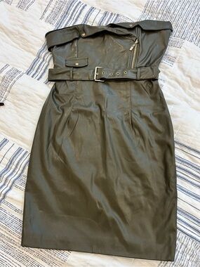 Strapless Faux Leather Belted Dress - Olive Green